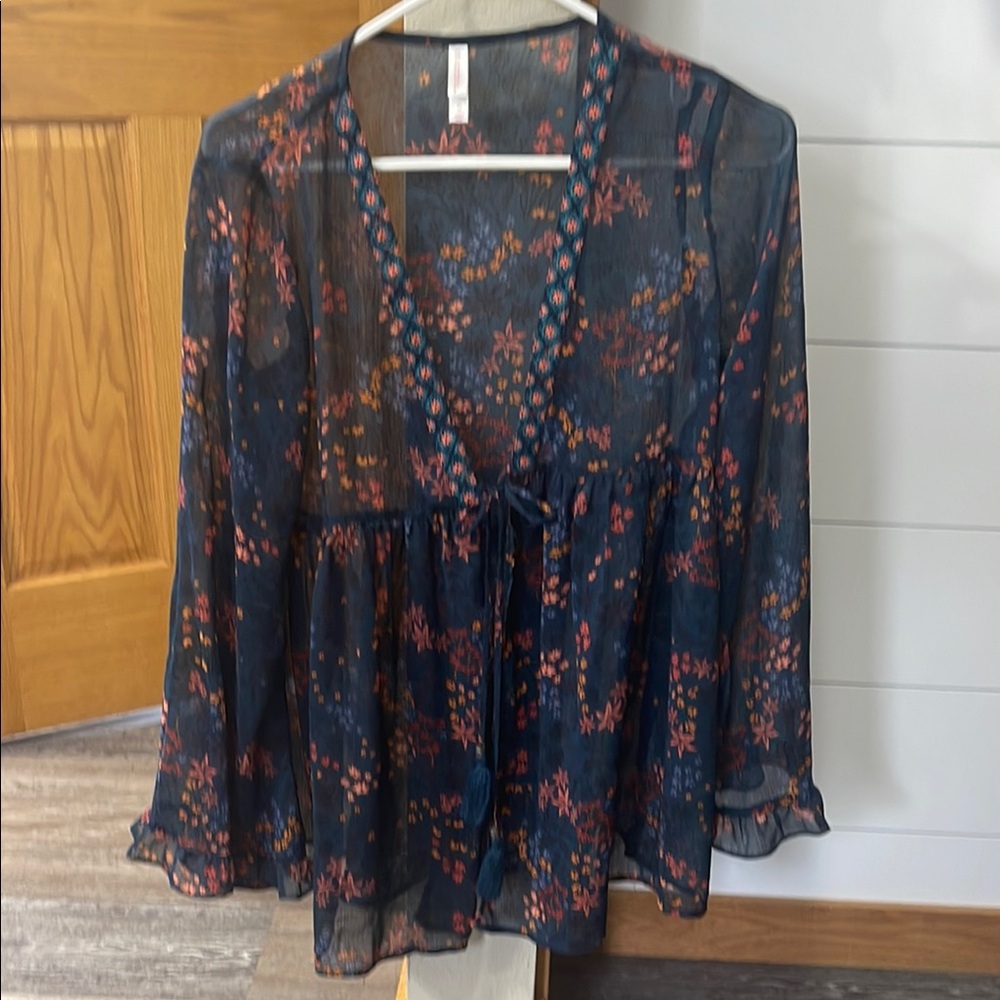 Floral Sheer Kimono - Blue and Coral
